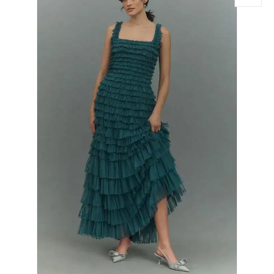Mac Duggal Square-Neck Ruffled Tiered Tulle Formal Ball Gown Teal Green Size 10